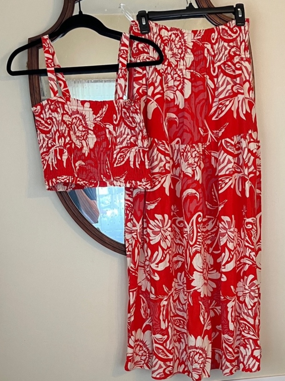 NWOT- Paper Hearts Floral Orange and Cream Skirt Set Two Piece Linen Blend